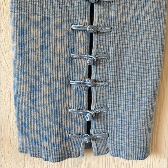 LPA Blue Knit Woven Ribbed Bodycon Tie Front Short Sleeved Scoop Neck Mini Dress - Picture 7 of 15